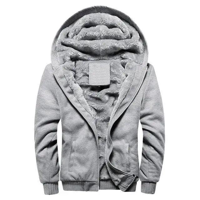 Stevvex men's fleece hoodie coat, gray thick warm lining, zip front, ribbed cuffs on Tampa Home & Garden Store
