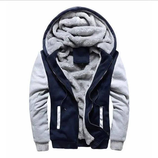 Stevvex men's fleece hoodie jacket navy blue with gray sleeves, sherpa lining, zip front on Tampa Home & Garden Store