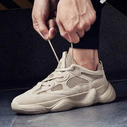 Men's breathable mesh sneakers in beige with a chunky sole and suede-like overlays on Tampa Home & Garden Store