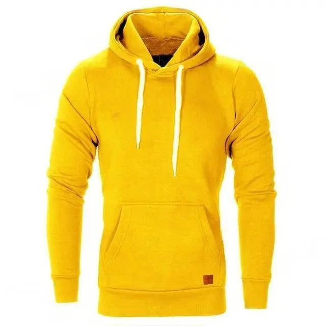 Stevvex yellow men's hoodie pullover with white drawstrings and front pocket on Tampa Home & Garden Store