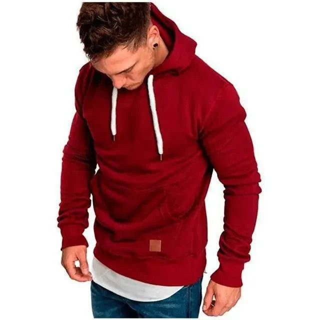 Stevvex men's red hoodie pullover with white drawstrings and front pocket on Tampa Home & Garden Store