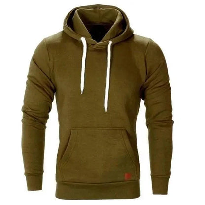 Men's olive green Stevvex hoodie pullover with white drawstrings and front pocket on Tampa Home & Garden Store