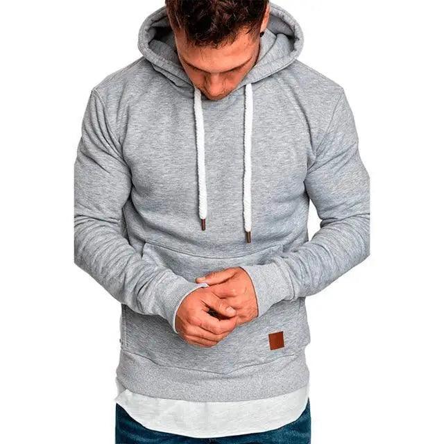 Stevvex men's gray pullover hoodie with white drawstrings and front pockets brown patch detail on Tampa Home & Garden Store