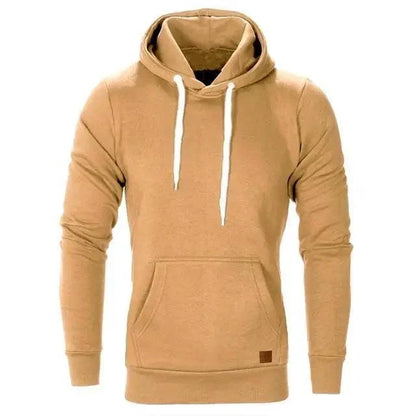 Men's beige hoodie Stevvex pullover with white drawstrings and front kangaroo pocket on Tampa Home & Garden Store