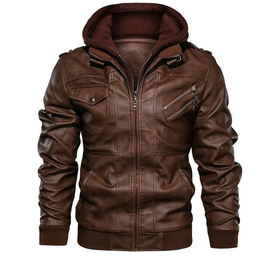 Mens brown leather motorcycle jacket with hooded knit lining Stevvex outerwear on Tampa Home & Garden Store