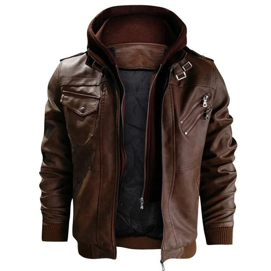 Stevvex men's brown leather motorcycle jacket with hood, zip pockets and ribbed cuffs on Tampa Home & Garden Store