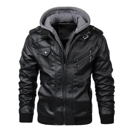 Men's PU Leather Motorcycle Jacket Stevvex with removable hood, black, zip pockets on Tampa Home & Garden Store