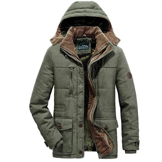 Stevvex men's thick warm waterproof hooded jacket in olive green with multiple pockets on Tampa Home & Garden Store