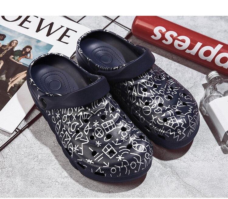 Stevvex men's navy blue slip-on sandals with white abstract print, 1 pair on Tampa Home & Garden Store