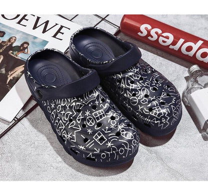 Stevvex men's navy blue slip-on sandals with white abstract print, 1 pair on Tampa Home & Garden Store