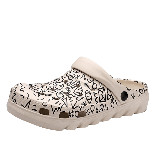 Stevvex beige men's sandals with black graffiti print, slip-on clog, arch support on Tampa Home & Garden Store