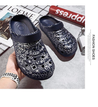 Stevvex navy blue men sandals with white abstract print, back strap, slip-on footwear on Tampa Home & Garden Store