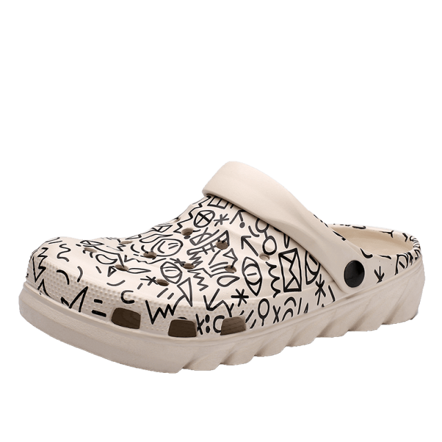 Stevvex men's beige doodle-print sandals with slip-on clog style and arch support on Tampa Home & Garden Store
