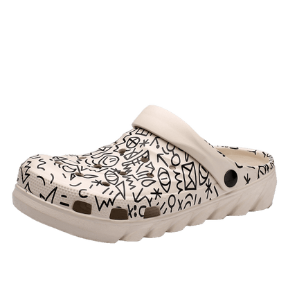 Stevvex men's beige doodle-print sandals with slip-on clog style and arch support on Tampa Home & Garden Store