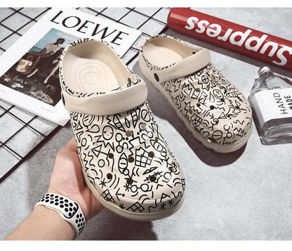 Stevvex Men Sandals with abstract black doodle print, cream slip-on garden beach shoes, 1 pair on Tampa Home & Garden Store
