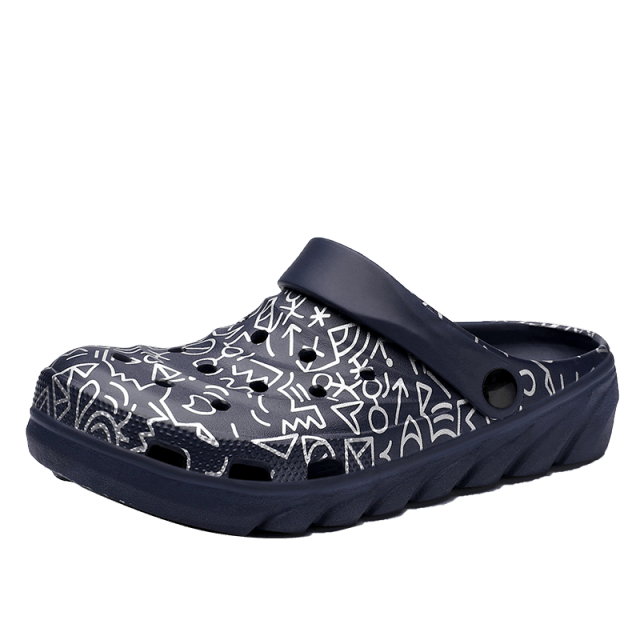 Stevvex men's sandals slip-on with navy abstract pattern upper and cushioned sole on Tampa Home & Garden Store