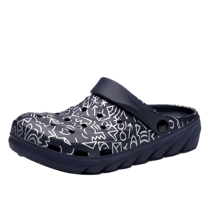 Stevvex men's sandals slip-on with navy abstract pattern upper and cushioned sole on Tampa Home & Garden Store