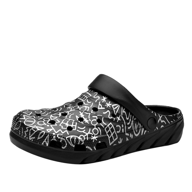 Men's black and white patterned slip-on garden sandals with arch support and textured sole on Tampa Home & Garden Store