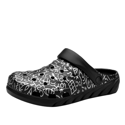 Men's black and white patterned slip-on garden sandals with arch support and textured sole on Tampa Home & Garden Store
