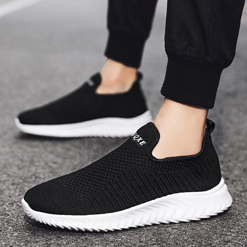 Stevvex knit slip-on sneakers black with white sole casual breathable footwear on Tampa Home & Garden Store