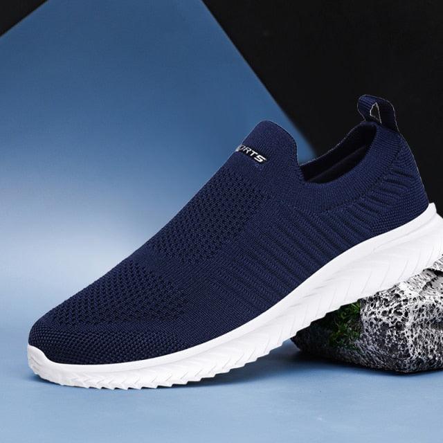Stevvex navy knit slip-on sneakers with white outsole for casual outdoor walking on Tampa Home & Garden Store