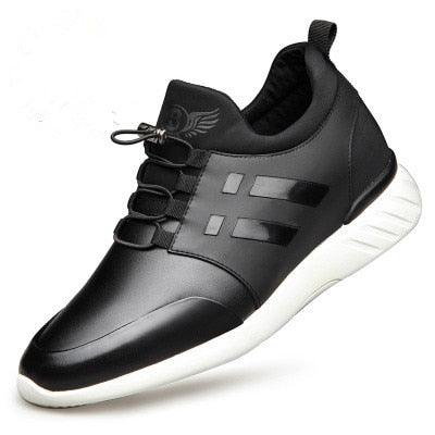 Stevvex men's black leather lace-up sneakers with three side stripes and white sole on Tampa Home & Garden Store
