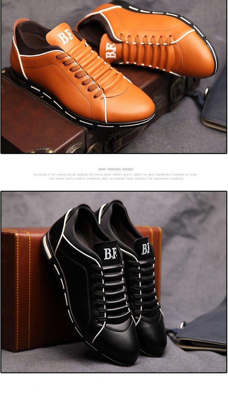 Stevvex leather sneakers tan brown with white piping; black BF logo sneakers, 2 dress shoes on Tampa Home & Garden Store