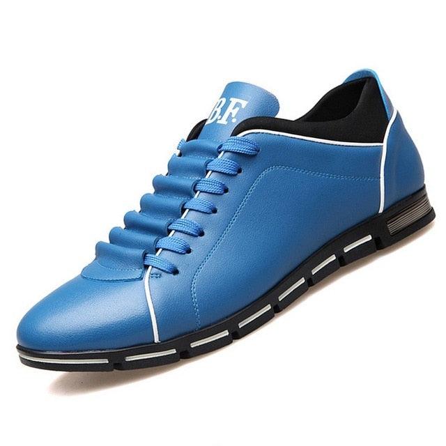 Stevvex men's blue leather sneakers with black segmented sole, lace-up casual dress shoes on Tampa Home & Garden Store