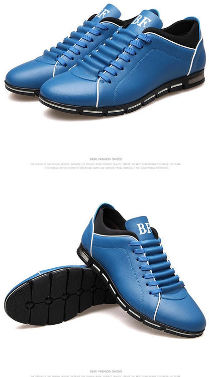 Pair of blue leather Stevvex sneakers with white piping lace-up on Tampa Home & Garden Store