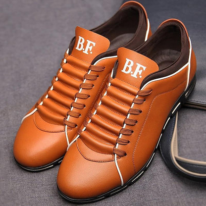 Stevvex men's brown leather casual sneakers with BF logo, white piping, black sole on Tampa Home & Garden Store