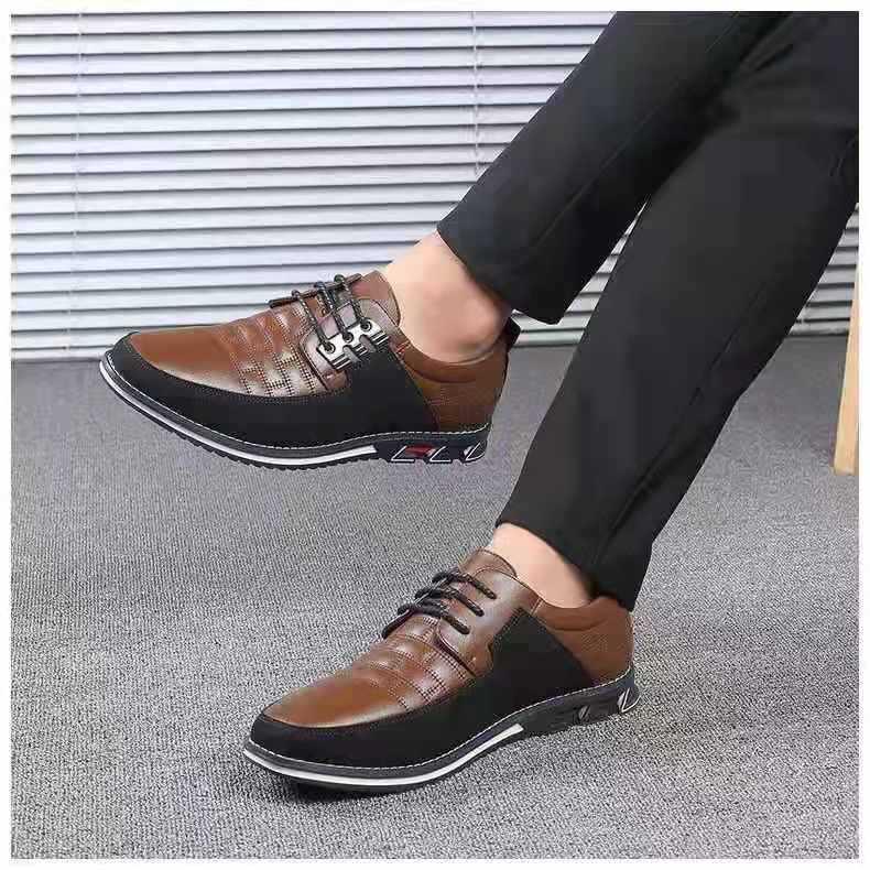 Stevvex men's leather casual sneakers two-tone brown and black lace-up business walking shoes on Tampa Home & Garden Store