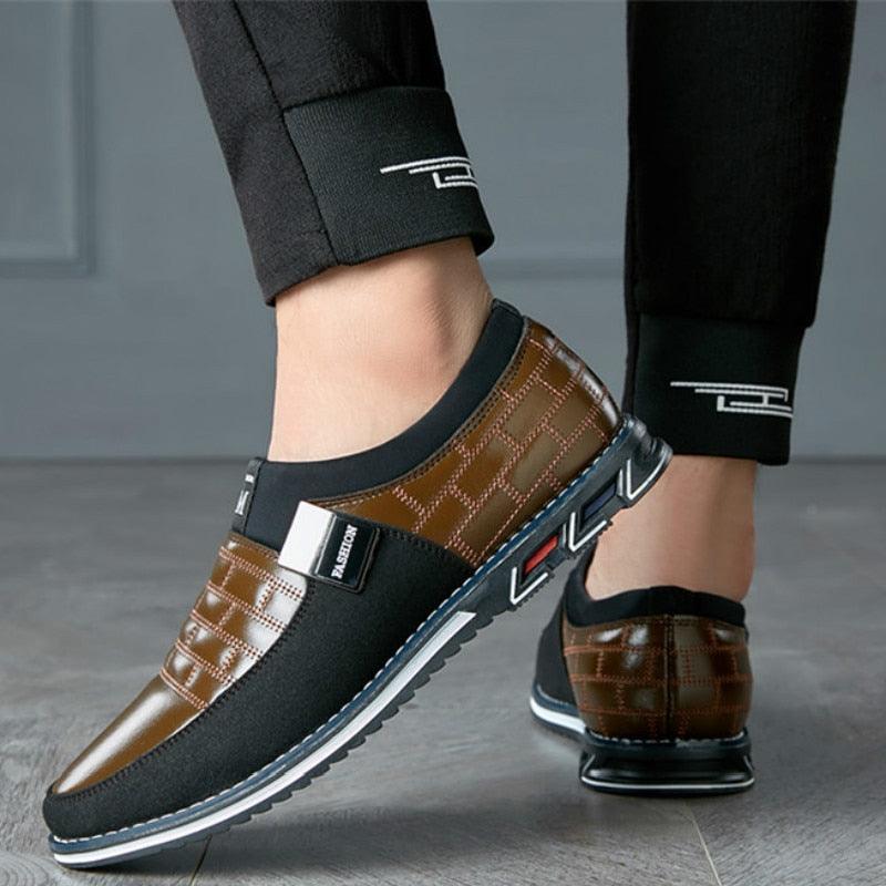 Men's leather casual sneakers brown and black with quilted panels by Stevvex ST85SH7410BFK on Tampa Home & Garden Store