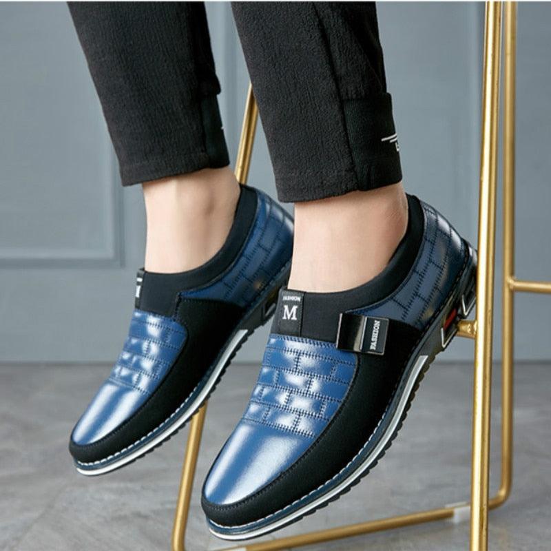 Stevvex men's leather sneakers blue with black panels, strap detail, comfortable sole on Tampa Home & Garden Store
