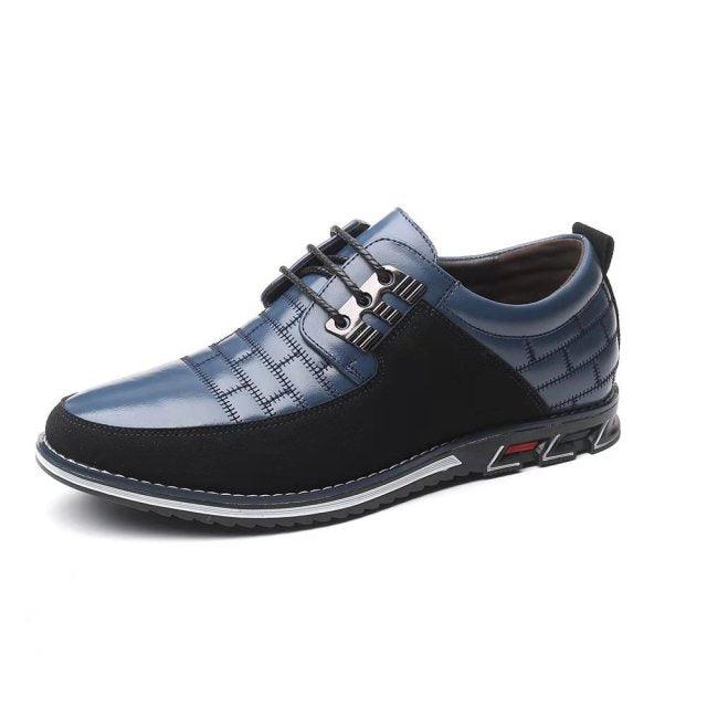 Men's blue leather casual sneakers Stevvex with black suede panels, lace-up, round toe on Tampa Home & Garden Store