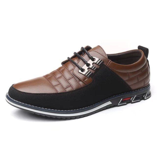 Stevvex men's leather casual sneakers brown and black, quilted upper, lace-up, round toe on Tampa Home & Garden Store
