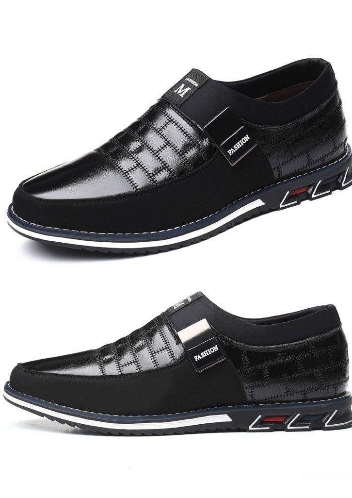 New Mens Leather Casual Sneakers with stitched panels, slip-on design, two-angle views on Tampa Home & Garden Store