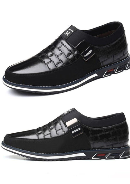 New Mens Leather Casual Sneakers with stitched panels, slip-on design, two-angle views on Tampa Home & Garden Store