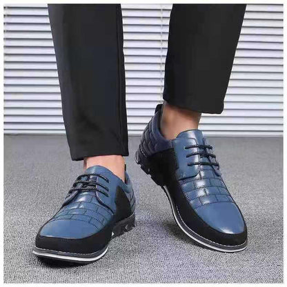 Stevvex men's blue leather sneakers pair with black side panels, lace-up round toe on Tampa Home & Garden Store