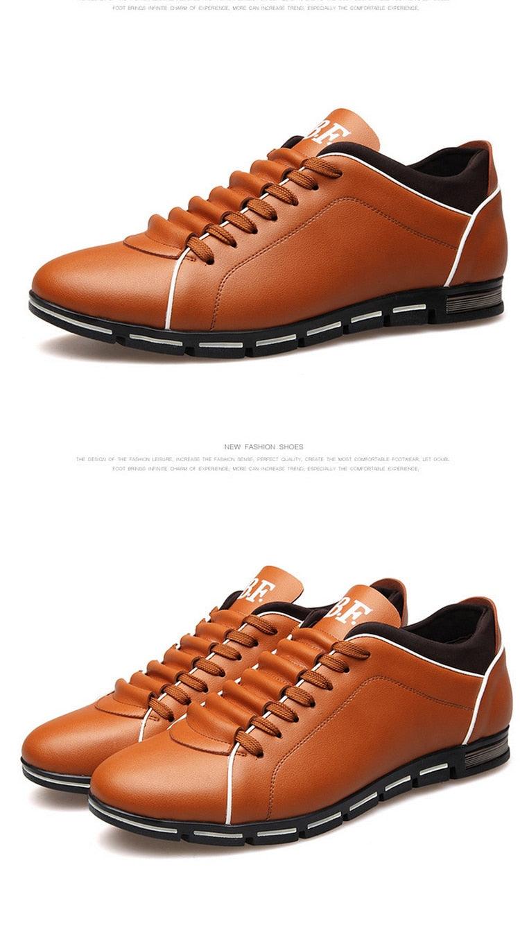 Stevvex two brown leather sneakers with white piping, lace-up casual dress shoes on Tampa Home & Garden Store