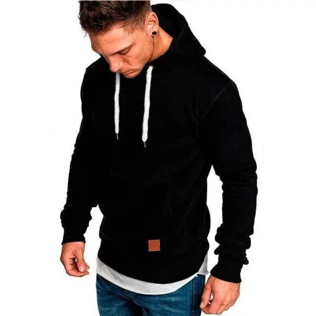 Men's black hooded sweatshirt with white drawstrings, long sleeves, brown patch on front on Tampa Home & Garden Store