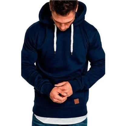 Men's Stevvex navy hoodie sweatshirt with white drawstrings, long sleeves, leather patch on Tampa Home & Garden Store