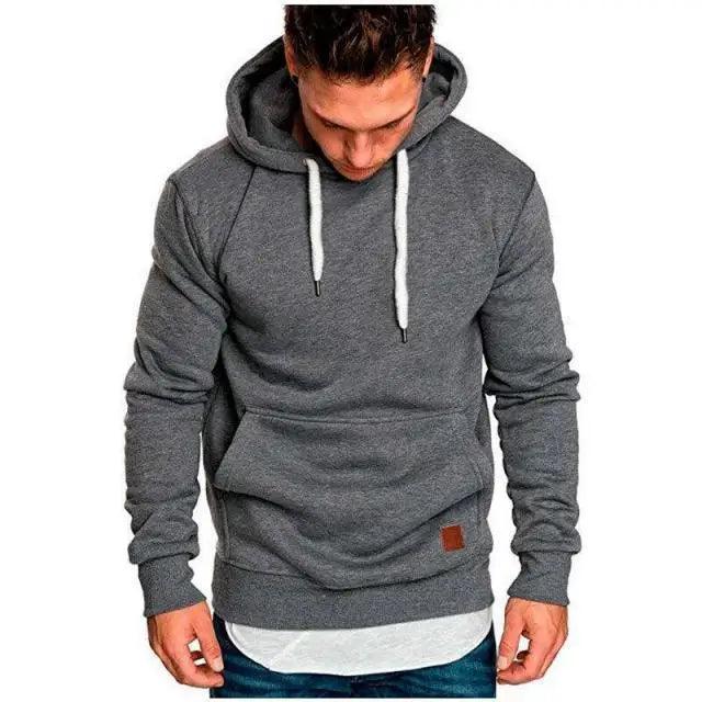 Stevvex men's gray hooded sweatshirt with white drawstrings and long sleeves on Tampa Home & Garden Store