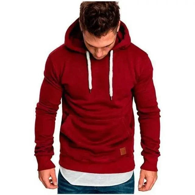 Stevvex men's red hooded sweatshirt with white drawstrings, long sleeves, casual outerwear on Tampa Home & Garden Store