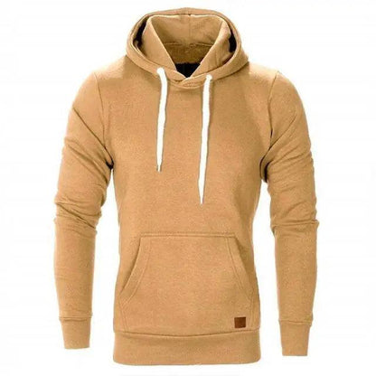 Men's tan hooded sweatshirt by Stevvex with white drawstrings and front kangaroo pocket on Tampa Home & Garden Store
