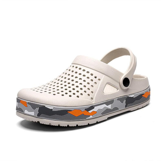 Stevvex unisex garden clog sandals with perforated beige upper and orange-camouflage sole on Tampa Home & Garden Store