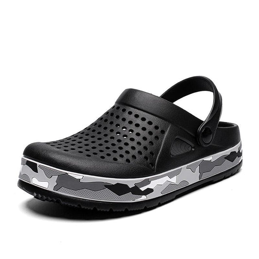Stevvex unisex garden clog sandal with black perforated upper and camouflage patterned chunky sole on Tampa Home & Garden Store