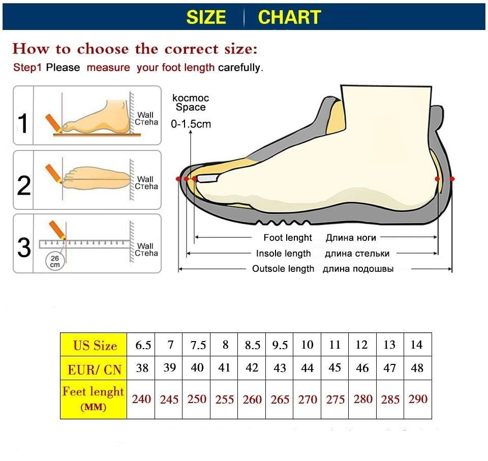 Stevvex men's sneakers with white upper and thick gray sole beside size chart and foot diag on Tampa Home & Garden Store
