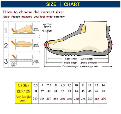 Stevvex men's sneakers with white upper and thick gray sole beside size chart and foot diag on Tampa Home & Garden Store