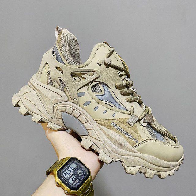 Stevvex men's sneakers beige running shoes with thick sole and breathable mesh on Tampa Home & Garden Store