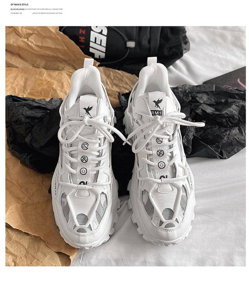 Men's white sneakers with breathable mesh panels and thick sole, running casual shoes on Tampa Home & Garden Store
